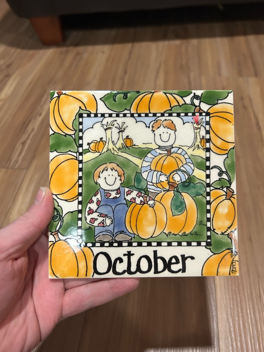 H&R Johnson Tiles October Pumpkin Tile Plaque - Cute Harvest Illustration